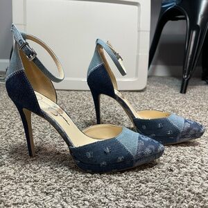 Jessica Simpson Paisley Denim pointed toe platform stiletto Heels size 9.5